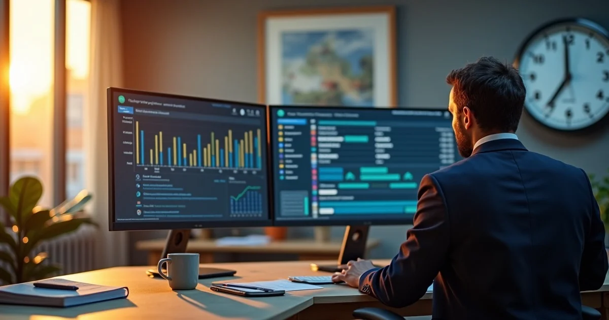 Spedytor przy biurku z dwoma monitorami pokazujacymi wykresy analityczne