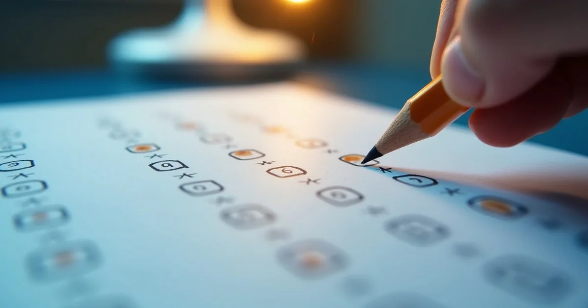 Reka z olowkiem zaznacza odpowiedzi na arkuszu egzaminacyjnym