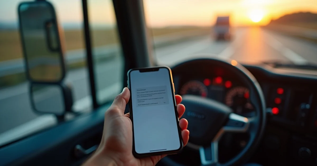 Smartfon z aplikacja czatu AI w kabinie ciezarowki o zachodzie slonca