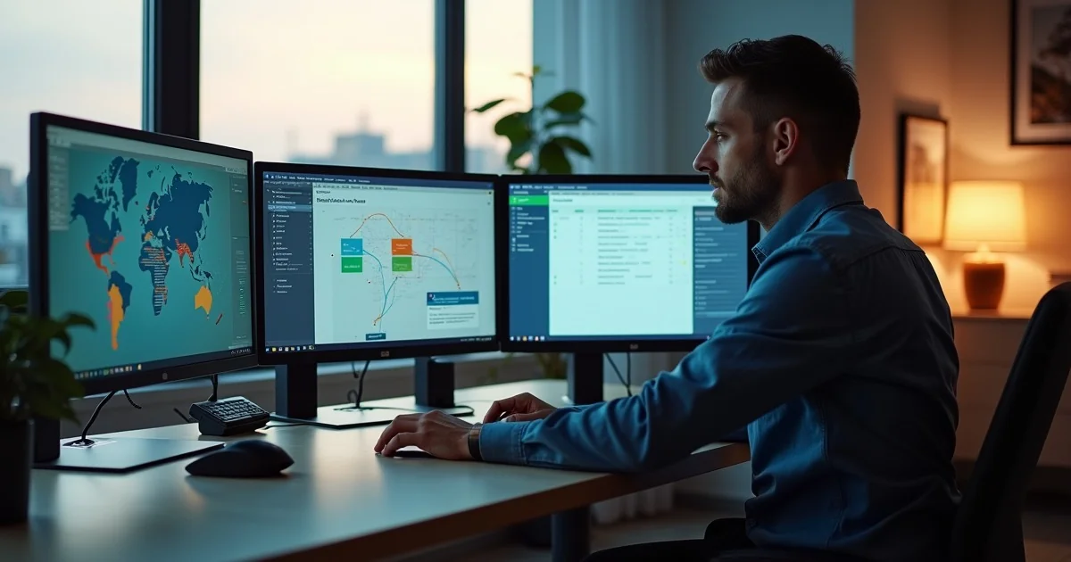Spedytor przy trzech monitorach z mapami swiata i dashboardem AI