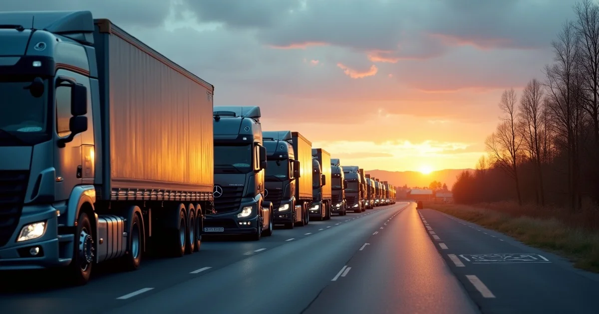 Kolumna miedzynarodowych ciezarowek na autostradzie - Pakiet Mobilnosci 2026