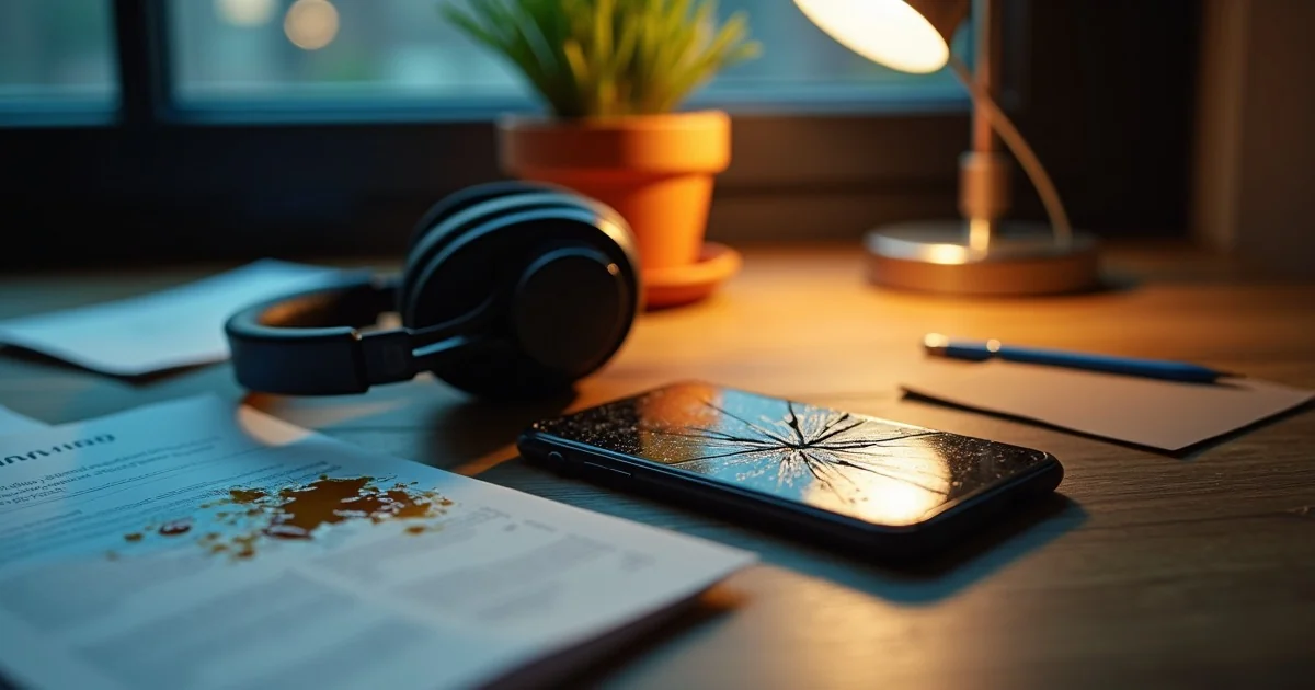 Sluchawki, smartfon z pekneta szyba i rozlana kawa - realia pracy spedytora