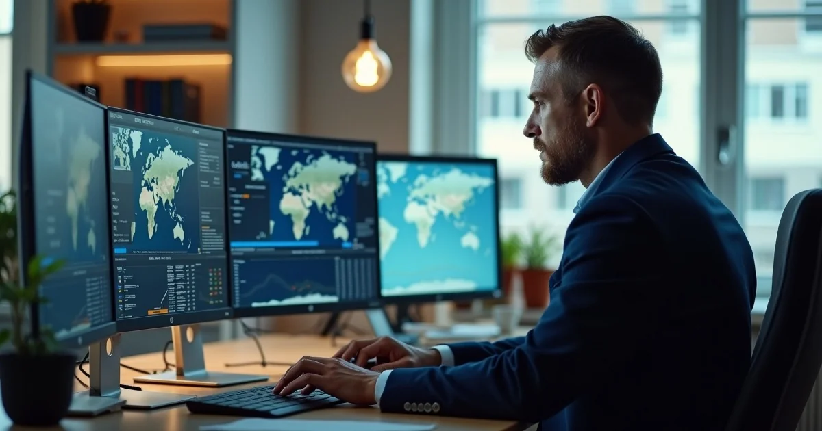 Spedytor analizuje gieldy transportowe na trzech monitorach