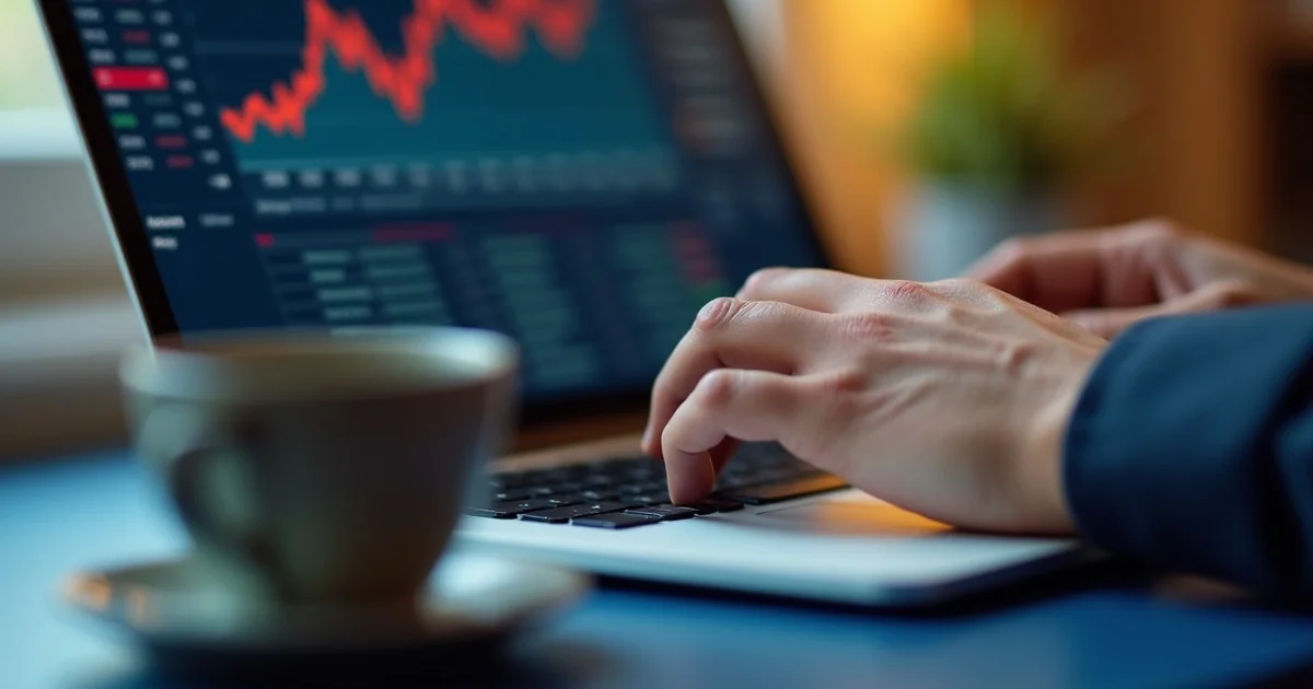 Reka piszaca na laptopie z wykresem cen i kawa - opinie Trans.eu