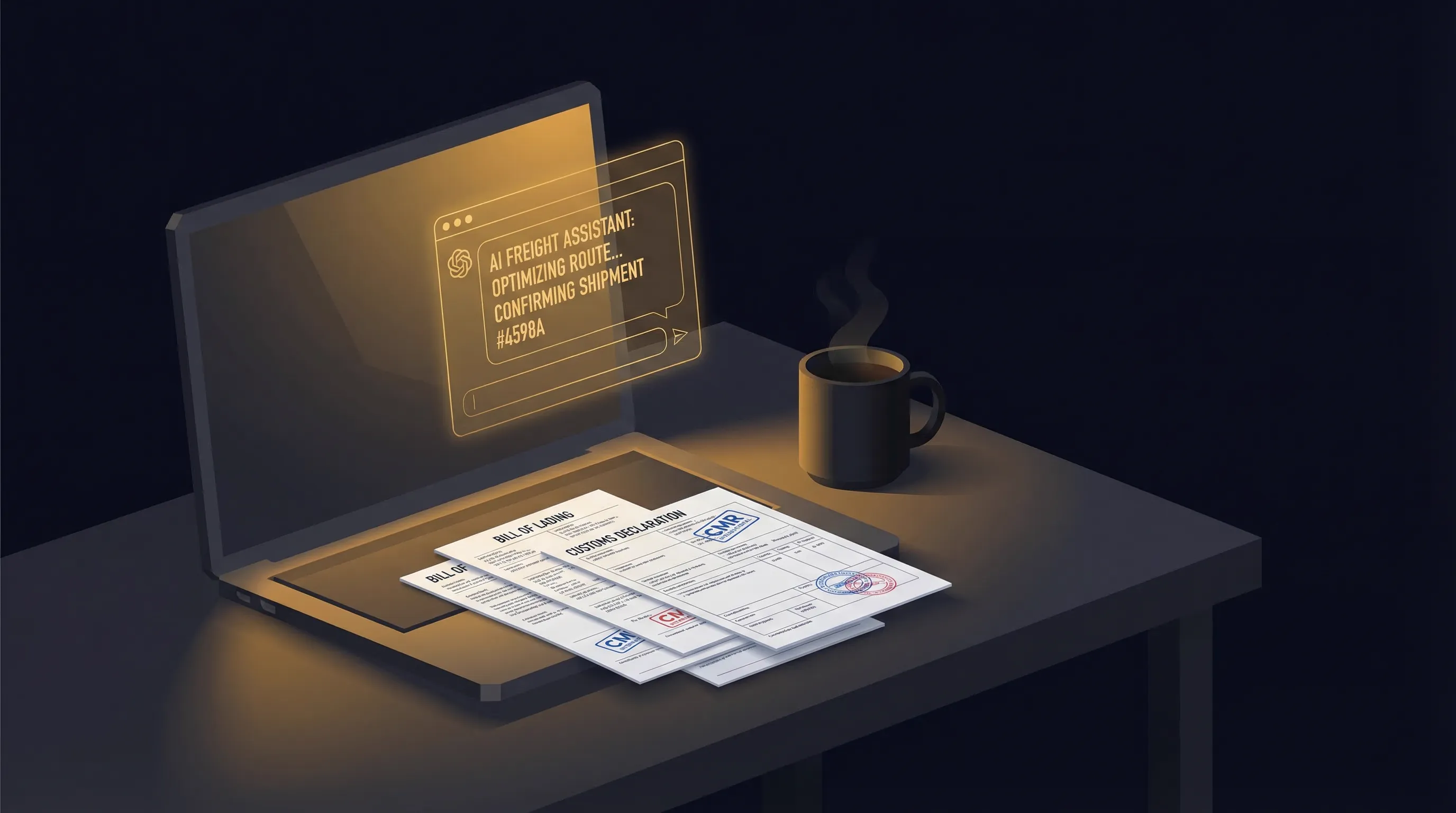 Biurko spedytora z AI - laptop, dokumenty CMR, interfejs asystenta